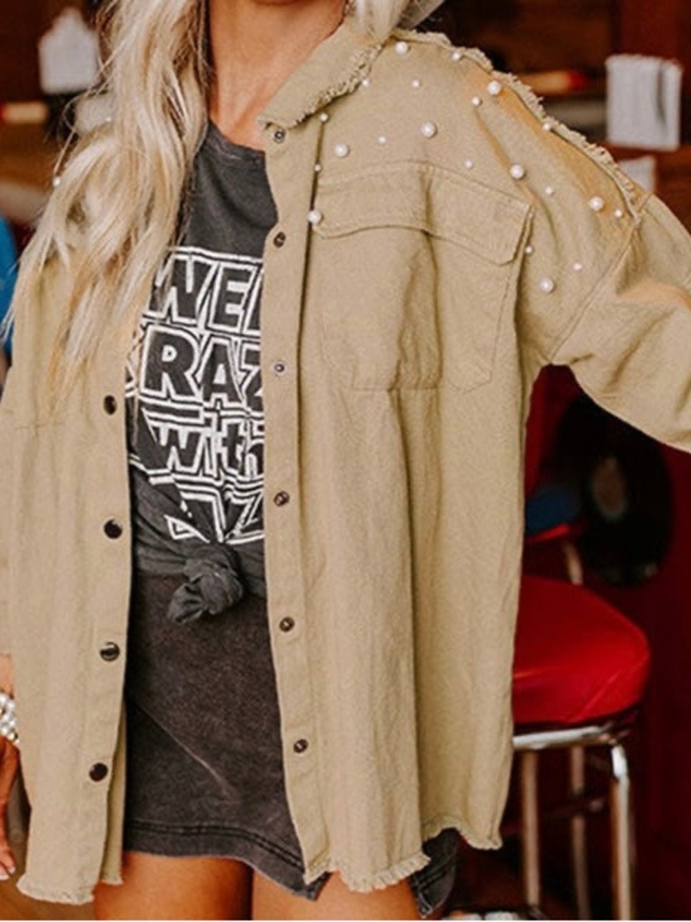 Shacket 
Khaki Pearl Beaded Raw Hem Button Up Denim Shacket